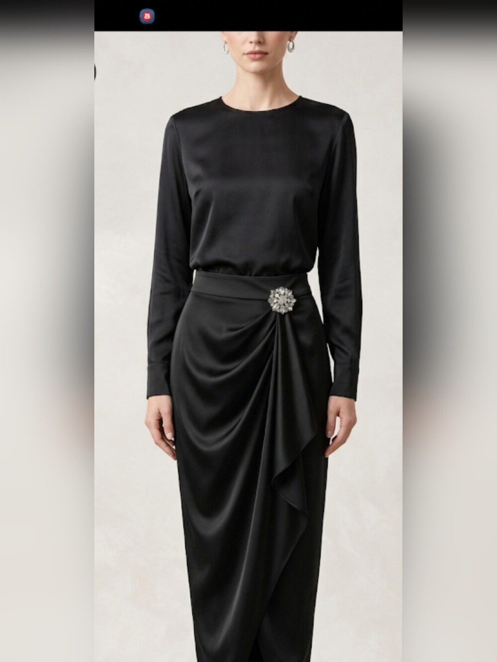 Stunning Black Satin Draped Maxi Skirt with Sparkling Rhinestone Brooch - L